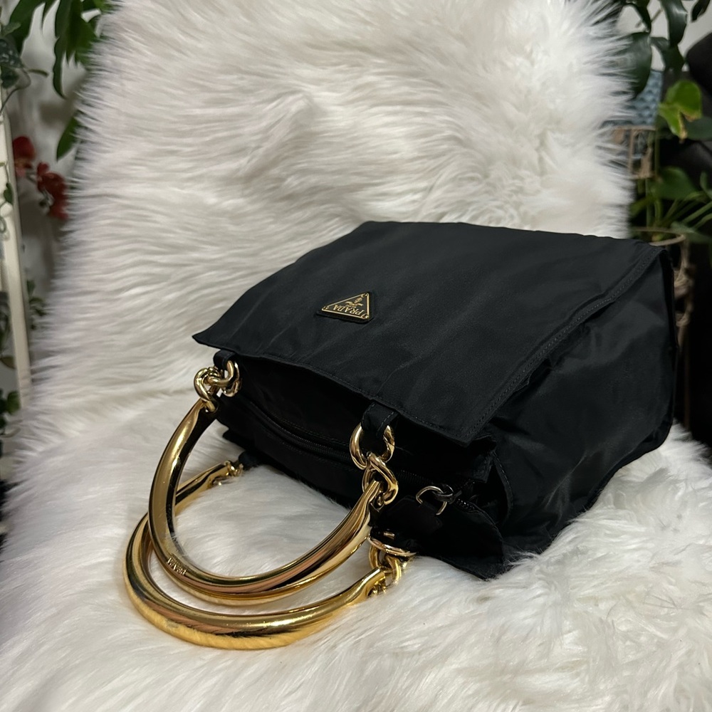 FLASH SALE🔥🔥🔥Authentic Prada Black Tessuto Nylon Handbag With Gold Hardware - Picture 6 of 14